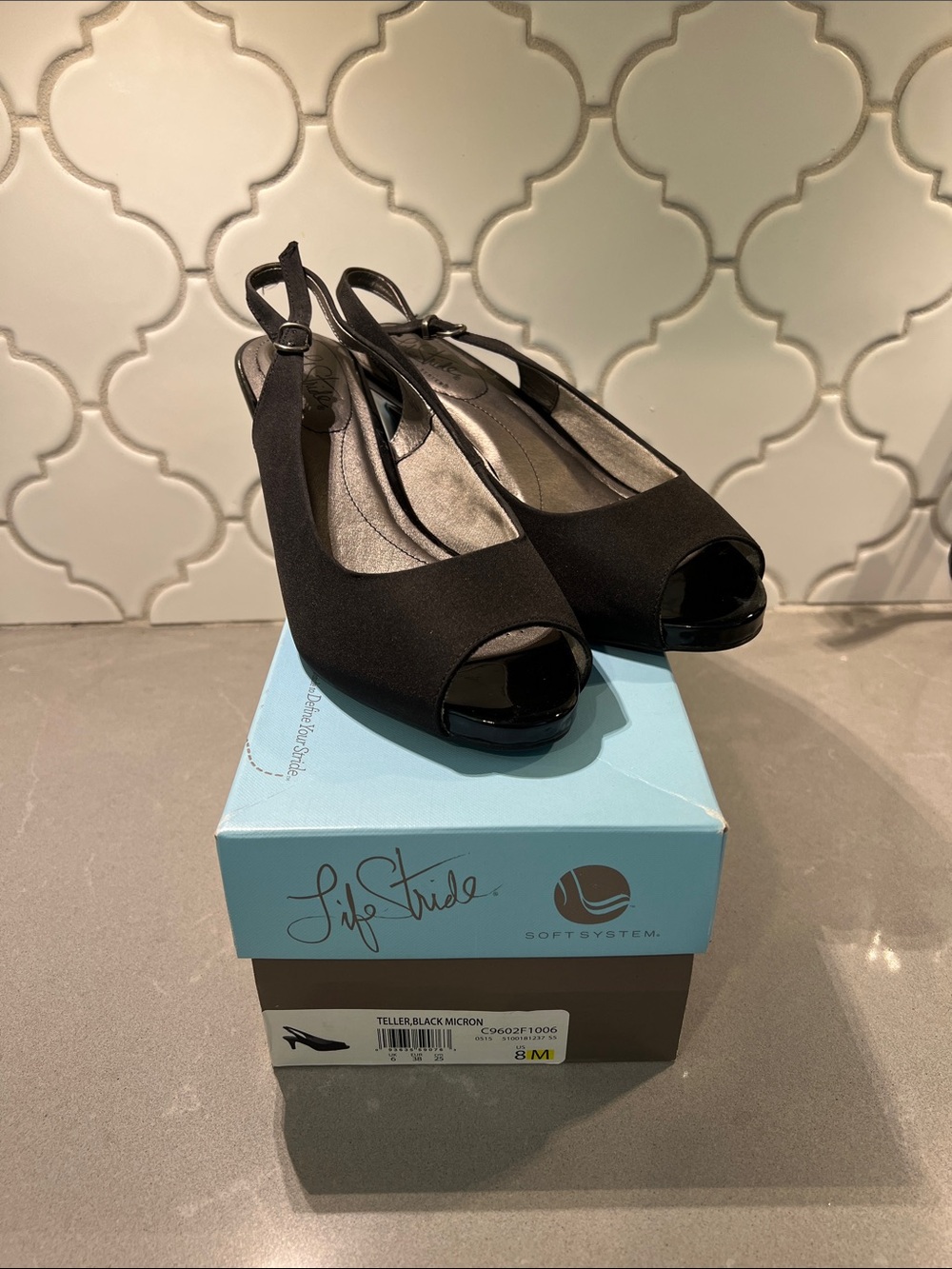 Life Stride Black Peep-Toe Slingback Wedges